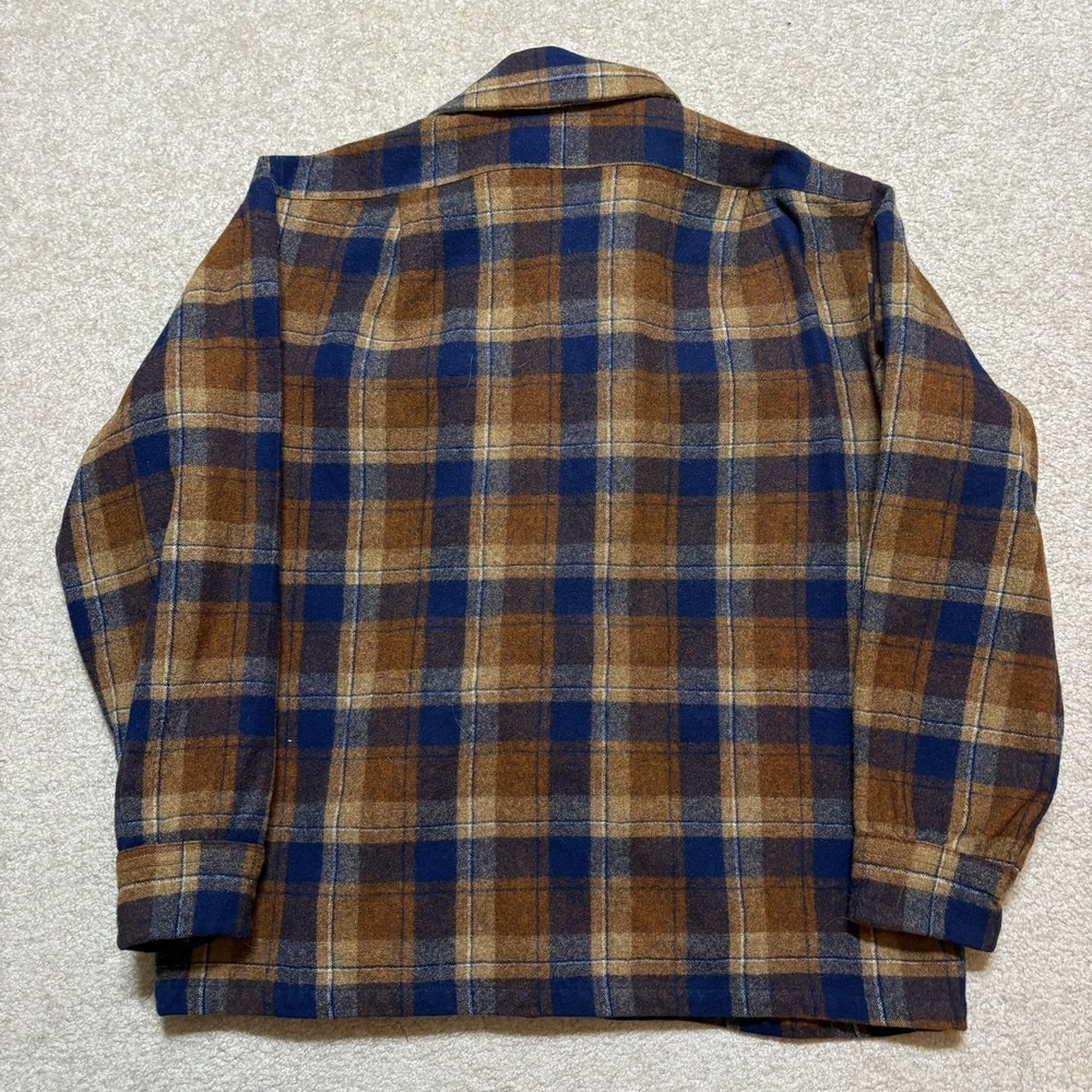 Vtg Pendleton Shirt Mens Large Brown Plaid Wool Flannel Loop Collar Made USA 60s - Picture 2 of 12